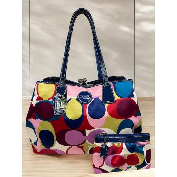 Y2K Coach F15662 Signature Scarf Print Carryall Bag & Matching Wristlet - Picture 1 of 15